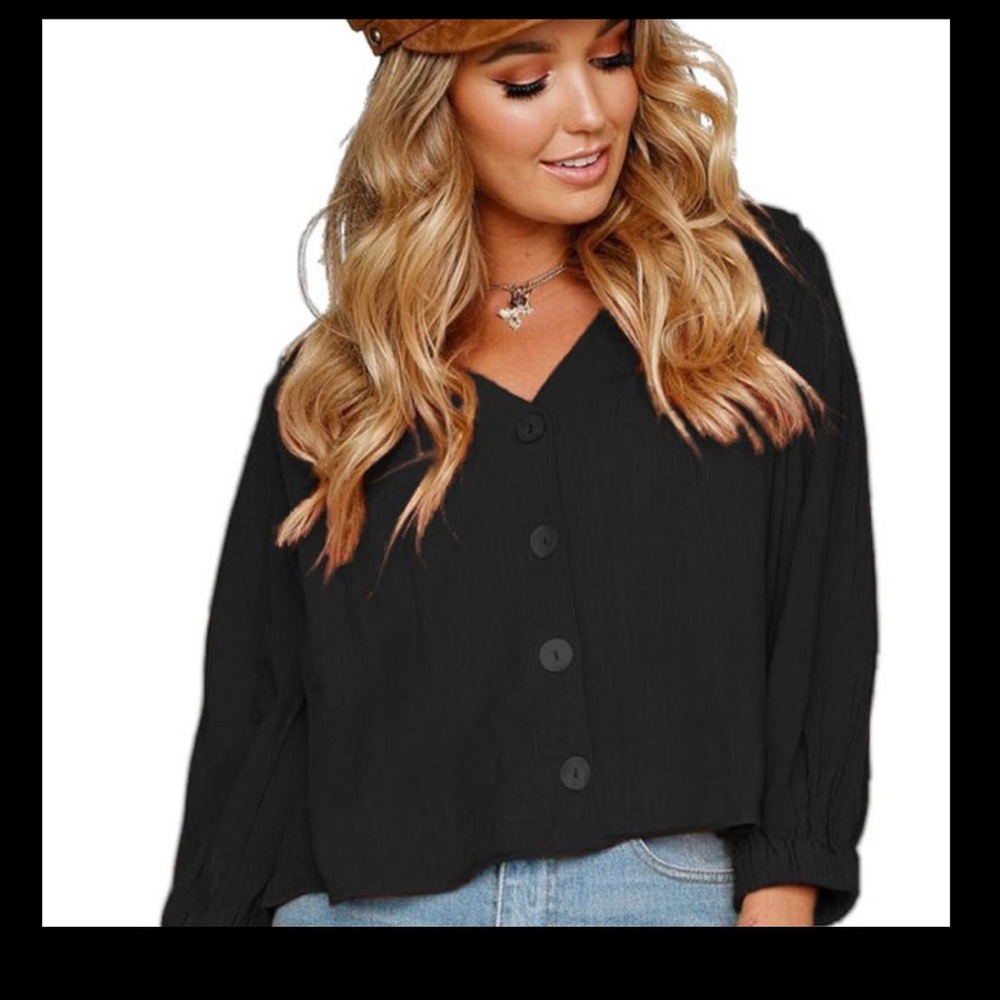 New Black Button Up V Neck Chunky Linen Top - 2XL